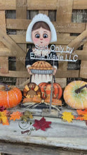 Load and play video in Gallery viewer, Thanksgiving Pilgrim and Turkey decor, fall shelf sitter, Fall Countertop decor, Thanksgiving centerpiece, girl Pilgrim, Turkey, Pumpkin pie
