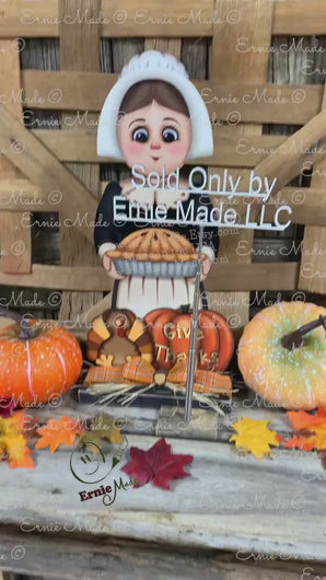 Thanksgiving Pilgrim and Turkey decor, fall shelf sitter, Fall Countertop decor, Thanksgiving centerpiece, girl Pilgrim, Turkey, Pumpkin pie