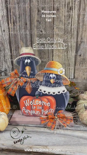 Fall Crow decoration, funny Crow couple with Pumpkin Sign, Porch decor, Halloween centerpiece, Hay-stack sitter, Thanksgiving arrangement