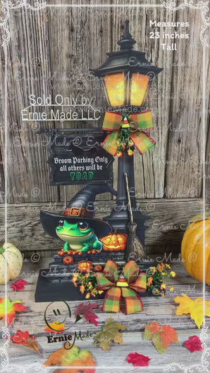 Halloween Decoration, Witch broom parking sign, Cute frog with witch hat, Jack o lantern pumpkin, Halloween Witch decor for table or mantle