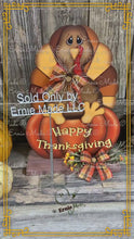 Load and play video in Gallery viewer, Thanksgiving centerpiece, Turkey decoration, table, mantle, shelf, porch fall decor, Wooden Pilgrim Turkey, Autumn floral table arrangement
