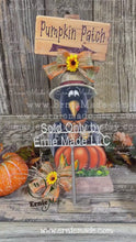 Load and play video in Gallery viewer, Fall Crow decoration, whimsical Crow and Pumpkin Patch sign, crow wooden shelf sitter, Halloween, Harvest corn Crow, Farmhouse decoration
