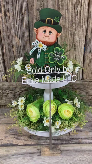 St. Patrick's Day Decoration, tiered tray decor, Wooden leprechaun, Irish decor, shelf sitter, Shamrock sign, cute leprechaun with Shamrock