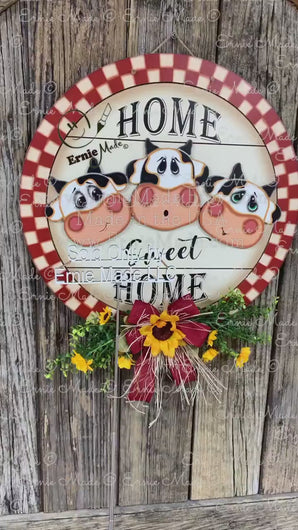 Cow door hanger, Farmhouse front door wreath, Country Farm decoration, cowgirl decor, funny wooden sign with cow heard, Sunflowers and cows