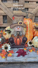 Load and play video in Gallery viewer, Fall Scarecrow decoration, tier tray, kitchen island fall arrangement, riser decor, wooden shelf sitter, Halloween, Farmhouse, Thanksgiving
