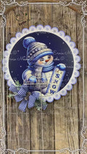 Load and play video in Gallery viewer, Christmas Snowman door hanger for Winter, Blue and white Snowman with scarf and hat, front door wreath, cute Wooden Snowman let it snow sign
