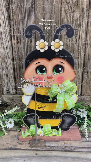 Bee decoration for summer, Bee floral arrangement, Wooden Bee with stand, Queen Bee, cute bumble Bee, entry way, shelf, garden, porch decor