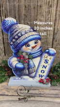Load and play video in Gallery viewer, Snowman decoration, Shelf sitter Snowman, Blue and Silver Christmas decor, Winter tiered tray decor, let it snow sign, Wooden Snowman decor
