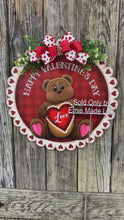 Load and play video in Gallery viewer, Valentine decoration, Front door hanger for Valentine’s Day, Farmhouse Valentine Bear love sign, gift for her, Teddy Bear with heart hanger
