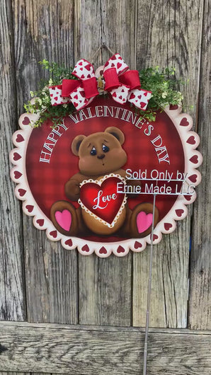 Valentine decoration, Front door hanger for Valentine’s Day, Farmhouse Valentine Bear love sign, gift for her, Teddy Bear with heart hanger