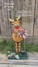 Load and play video in Gallery viewer, Christmas Reindeer decoration, Wood Rudolph shelf sitter, Standing reindeer with red nose and big feet, Hunting theme, Antler centerpiece
