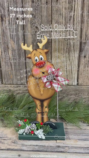 Christmas Reindeer decoration, Wood Rudolph shelf sitter, Standing reindeer with red nose and big feet, Hunting theme, Antler centerpiece