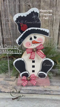 Load and play video in Gallery viewer, Snowman decoration for Winter, tiered tray shelf sitter, Frosty Snow decor, Wooden sitting Snowman with red Cardinal, countertop centerpiece
