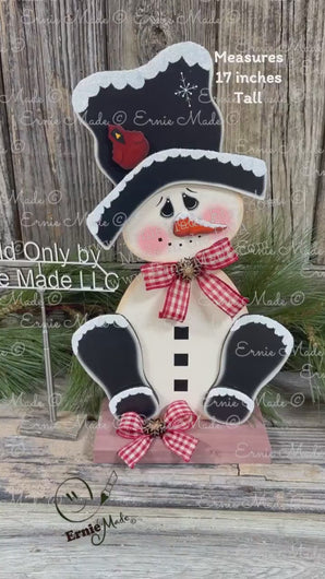 Snowman decoration for Winter, tiered tray shelf sitter, Frosty Snow decor, Wooden sitting Snowman with red Cardinal, countertop centerpiece
