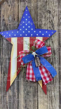 Load and play video in Gallery viewer, Patriotic decoration for front door, summer door hanger, red, white and blue star, Fourth of July wreath, 4th of July floral, Americana sign
