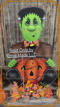 Load and play video in Gallery viewer, Halloween decoration, Frankenstein, cute Monster, candy corn, fall porch decor, wood jack-o-lantern pumpkin, fall floral Pumpkin arrangement
