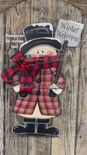 Load and play video in Gallery viewer, Snowman door hanger, Christmas door hanger, Winter porch decor, Wood Christmas decor, primitive snowman boots, snowman wreath for front door
