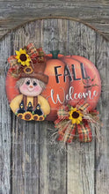 Load and play video in Gallery viewer, Scarecrow Fall door hanger, pumpkin door sign, Thanksgiving wreath, Halloween, Pumpkin and sunflowers porch sign, Scarecrow and crows decor
