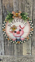 Load and play video in Gallery viewer, Front door hanger, Farmhouse door hanger, pig decor, Housewarming gift, pig wreath, Farmhouse wreath, cute baby pig sign,  front door wreath
