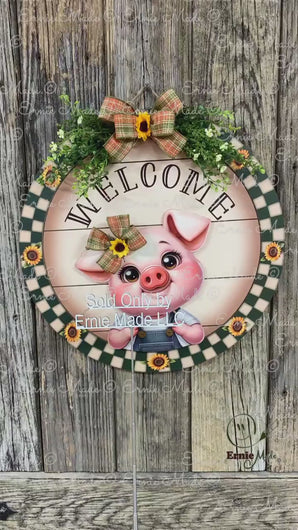 Front door hanger, Farmhouse door hanger, pig decor, Housewarming gift, pig wreath, Farmhouse wreath, cute baby pig sign,  front door wreath