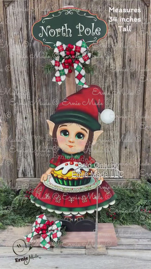 Elf Decoration for Christmas, Baking elf girl, North Pole sign, Farmhouse wooden elf with sign, Gingerbread decor, Holiday elf centerpiece