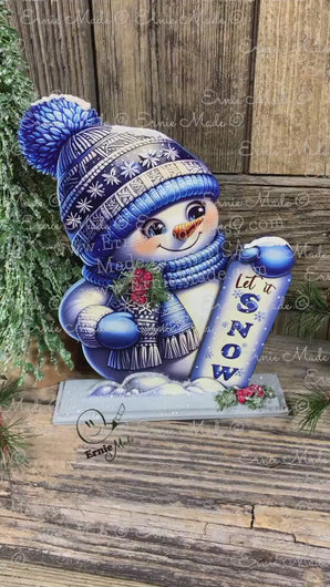 Wooden Snowman decoration, Snowman table sitter on base, blue and white Christmas, Winter tiered tray decor, let it snow sign, hat and scarf