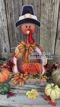 Load and play video in Gallery viewer, Thanksgiving centerpiece, Turkey decoration, table, mantle, shelf, porch fall decor, Wooden Pilgrim Turkey, Autumn floral table arrangement
