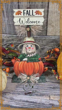 Load and play video in Gallery viewer, Fall Scarecrow decoration, tier tray, kitchen island fall arrangement, riser decor, wooden shelf sitter, Halloween, Farmhouse, Thanksgiving
