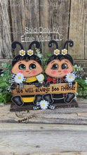 Load and play video in Gallery viewer, Wooden Ladybug and Bee decoration, Ladybug with glasses, whimsical Bee on stand, gift for friend, cottage table decor, Garden shelf sitter
