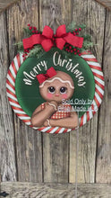 Load and play video in Gallery viewer, Gingerbread decoration, Front door hanger for Christmas, Christmas Farmhouse Gingerbread decor, round Christmas baking sign, Christmas gift
