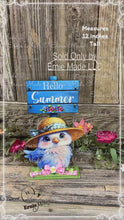 Load and play video in Gallery viewer, Summer Decoration, blue bird decoration for table, shelf sitter, tiered tray, hello summer sign, bird centerpiece, cottage garden floral
