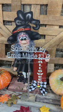 Load and play video in Gallery viewer, Fall Halloween decoration, Witch and black cat decor, fall kitchen countertop, mantle, Wooden Witch sign shelf sitter, witch hat arrangement
