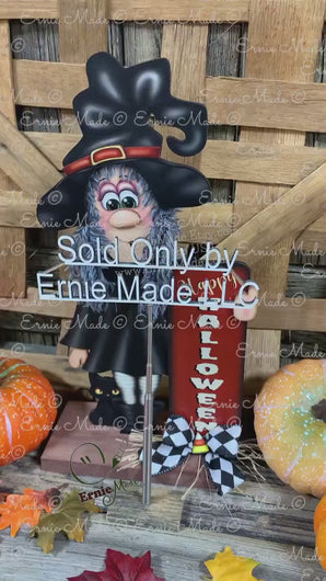 Fall Halloween decoration, Witch and black cat decor, fall kitchen countertop, mantle, Wooden Witch sign shelf sitter, witch hat arrangement