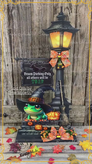 Halloween Decoration, Witch broom parking sign, Cute frog with witch hat, Jack o lantern pumpkin, Halloween Witch decor for entryway or home