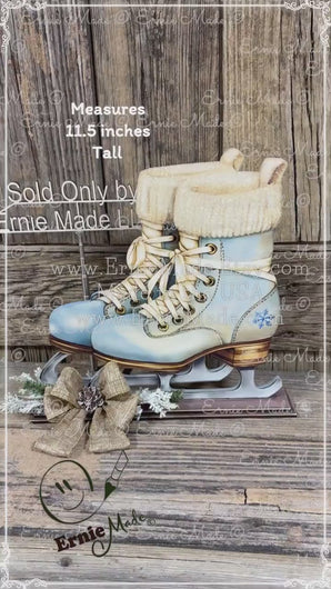 Vintage Ice Skates decoration, Wooden painted antique style Skates on base Farmhouse winter snowman decor for tiered tray, mantel, table-top