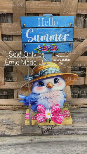 Summer Decoration, cute blue bird with hat, entry table, shelf sitter, Tiered tray, hello summer sign, porch garden arrangement table decor