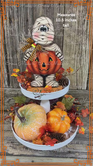 Halloween decoration, Mummy, Jack-o-lantern, pumpkin tier tray decor, Mummy shelf sitter, Halloween, Candy corn decor, Farmhouse fall decor,