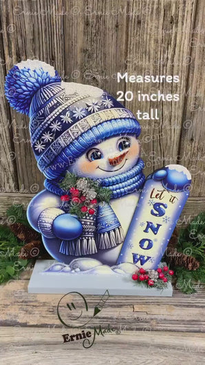 Snowman decoration, Shelf sitter Snowman, Blue and Silver Christmas decor, Winter tiered tray decor, let it snow sign, Wooden Snowman decor