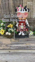 Load and play video in Gallery viewer, Farmhouse Cow decoration, Tiered tray cow decor, Country style Cow and chicken, Wooden Cow shelf sitter on base black and white cow, cowgirl
