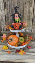 Load and play video in Gallery viewer, Halloween decoration, fall witch for table, cute witch tier tray, wooden sitting Witch and Jack-o-lantern shelf sitter, candy corn decor,
