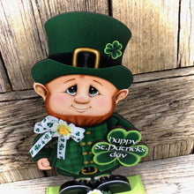 Load image into Gallery viewer, St. Patrick&#39;s Day Decoration, tiered tray decor, Wooden leprechaun, Irish decor, shelf sitter, Shamrock sign, cute leprechaun with Shamrock
