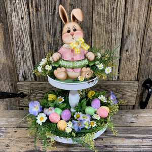 Spring Decoration, Easter Bunny centerpiece, Tiered tray decor, Vintage Easter Farmhouse decor, wood Bunny with Easter sign, Primitive Bunny