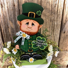 Load image into Gallery viewer, St. Patrick&#39;s Day Decoration, tiered tray decor, Wooden leprechaun, Irish decor, shelf sitter, Shamrock sign, cute leprechaun with Shamrock
