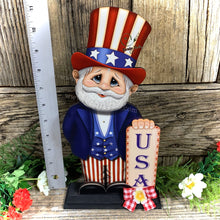 Load image into Gallery viewer, Uncle Sam, Patriotic shelf sitter, wooden USA sign, summer centerpiece, primitive Americana, Fourth of July, Patriotic tiered tray decor
