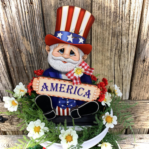 Uncle Sam, Patriotic decoration, Summer Arrangement, Primitive wooden Uncle Sam with stand, Americana, Fourth of July bow, Summer Flag decor